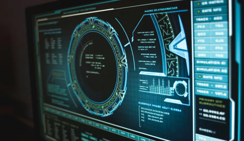 Digital computer screen displaying complex data, code, and security analysis graphics, symbolizing cybersecurity, network protection, and the function of a proxy server.